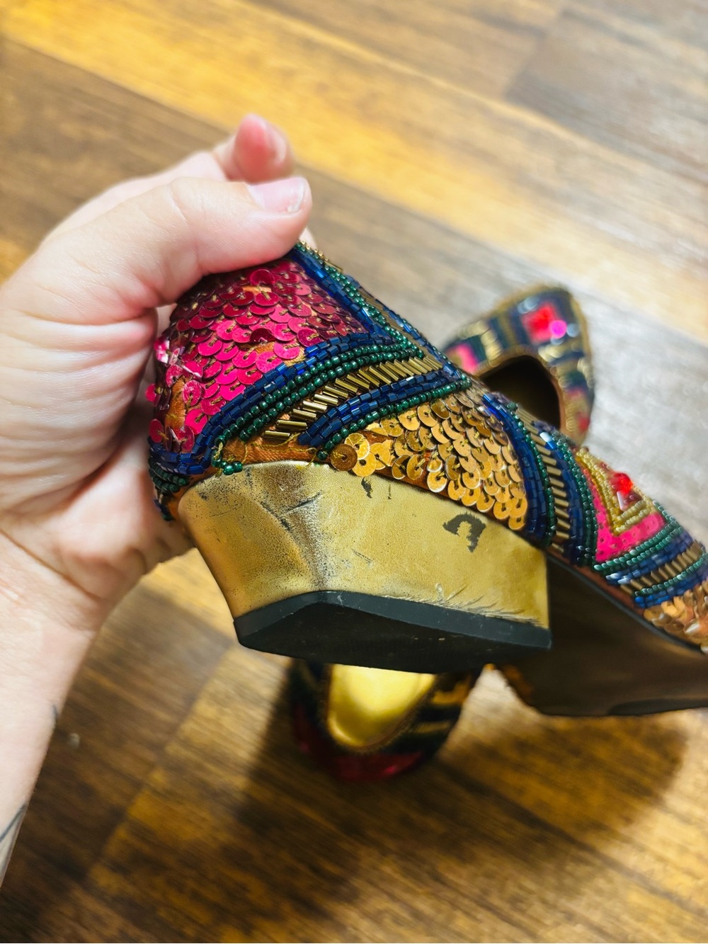 Women's Embellished Pointed Ballet Flat - Black & Gold with Pink Accents - Picture 8 of 10